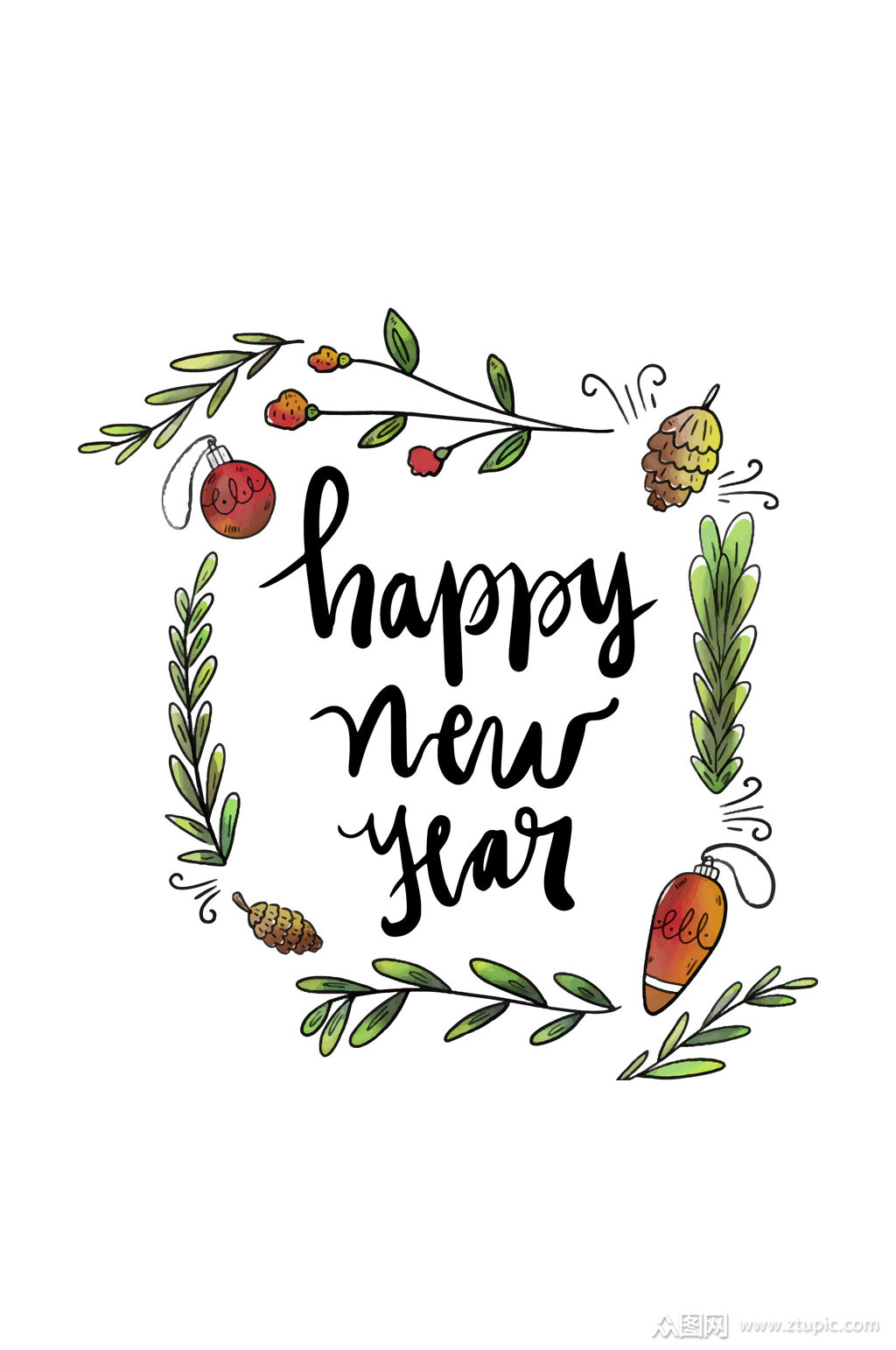 彩绘植物新年快乐艺术字矢量素材