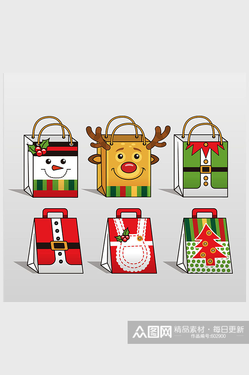 6款彩绘圣诞节购物袋矢量素材素材