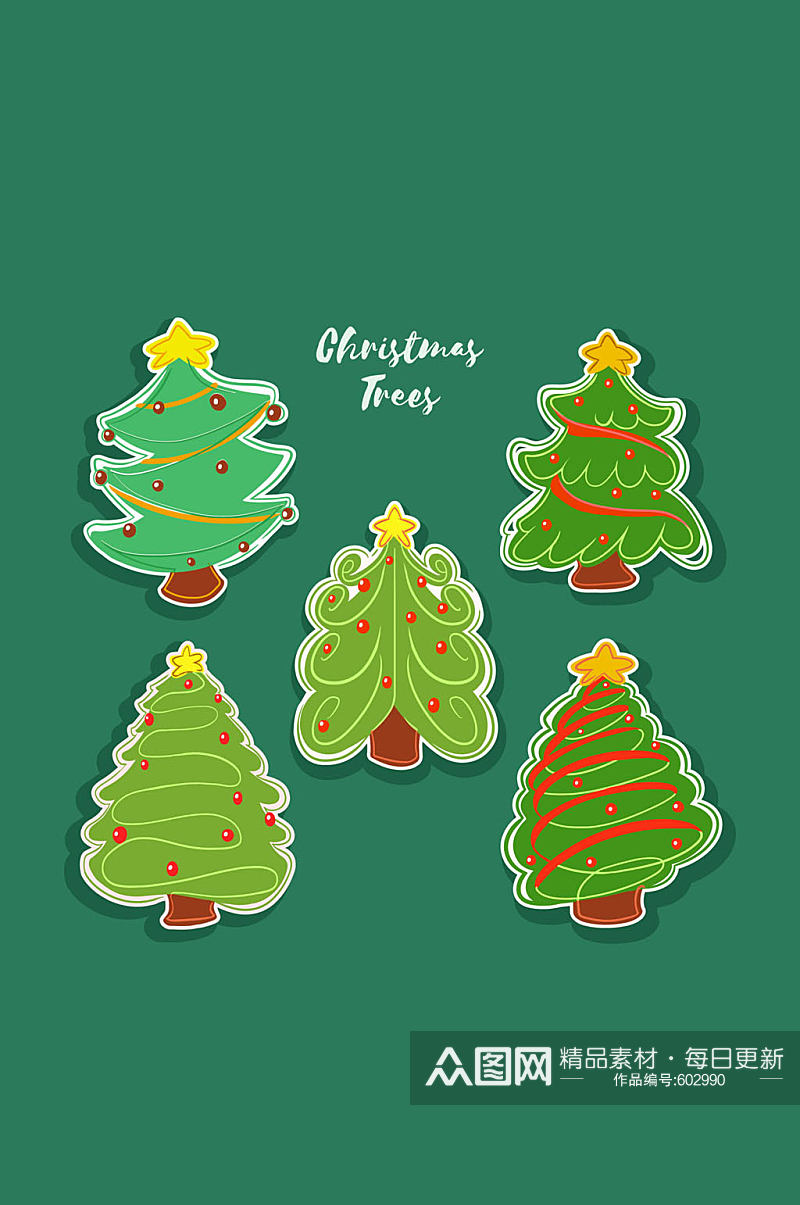5款彩绘圣诞树贴纸矢量素材素材