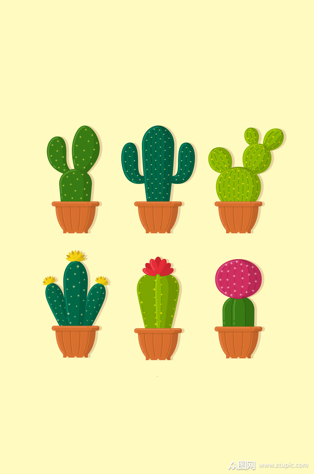 6款卡通仙人掌盆栽矢量图