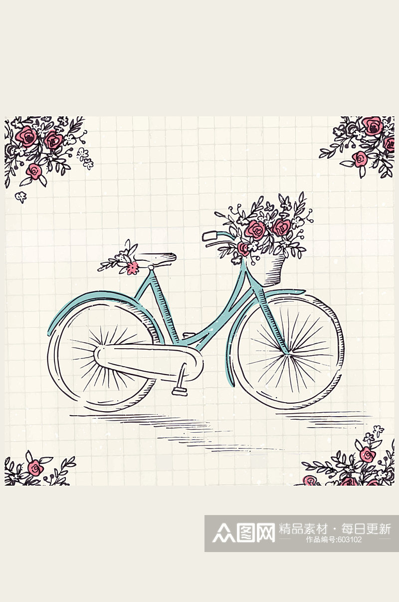 彩绘单车和花卉矢量素材素材