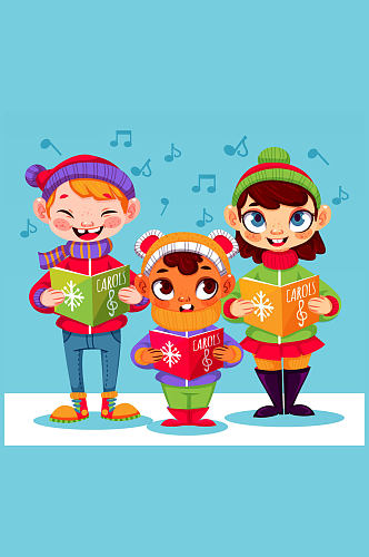 3个冬季唱歌的儿童矢量素材