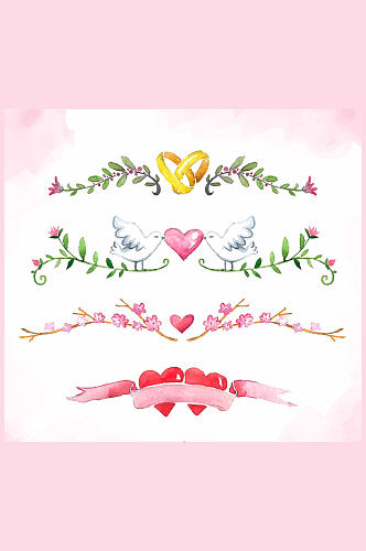 4款彩绘婚礼花边设计矢量素材