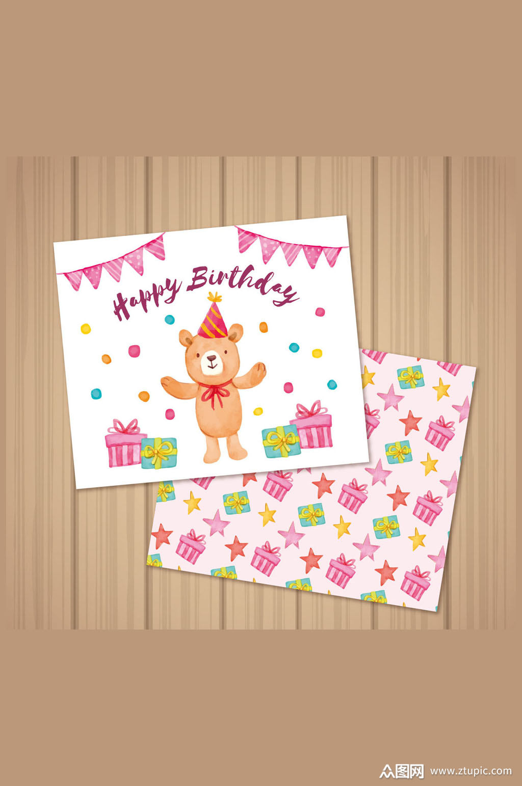 彩绘熊生日贺卡正反面矢量素材模板下载-编号604573-众图网