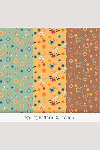 3款彩色春季花朵无缝背景矢量图