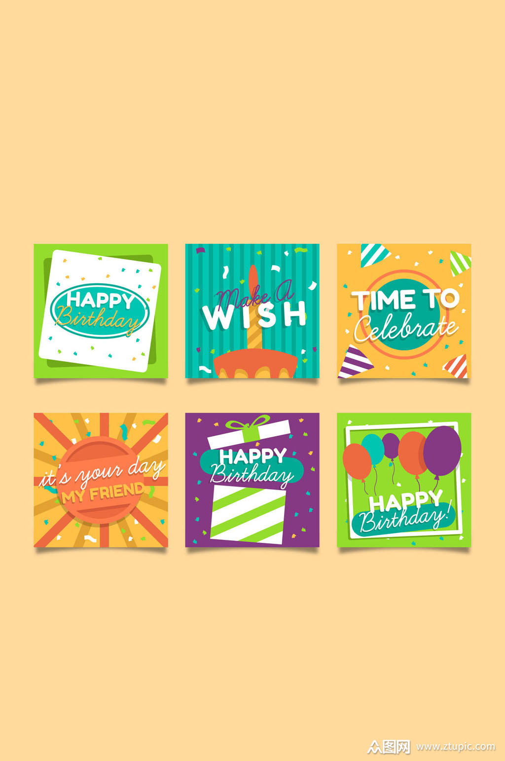 6款彩色方形生日卡片矢量素材