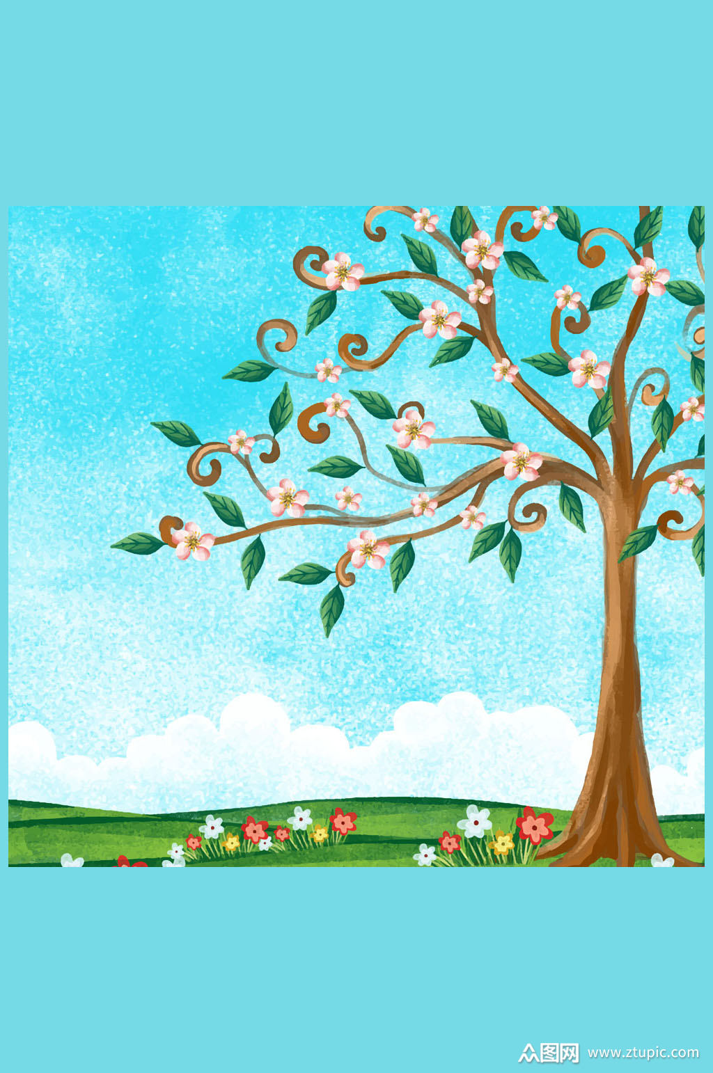 彩绘春季开满花的树风景矢量图