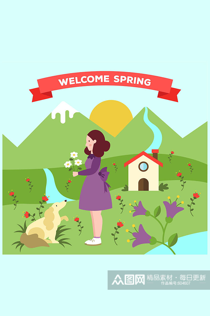 创意春季采花女子和宠物狗矢量图素材
