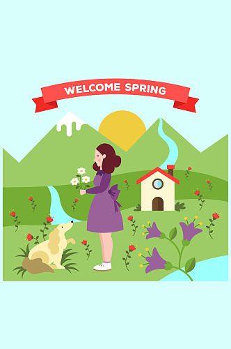 创意春季采花女子和宠物狗矢量图