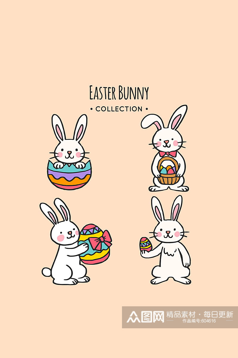4款彩绘复活节彩蛋兔子矢量素材 元素素材