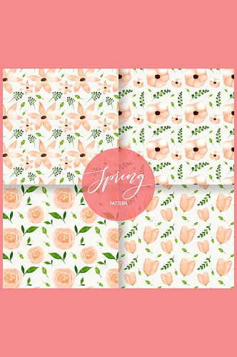 4款彩绘粉色春季花朵无缝背景矢量图