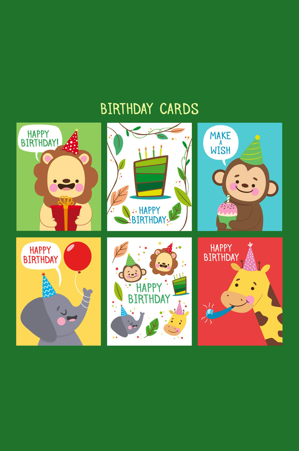 6款卡通动物生日卡片矢量图