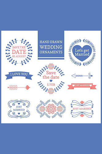 10款蓝色婚礼花纹标签矢量图