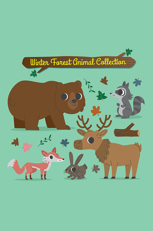 5款手绘冬季森林动物矢量素材