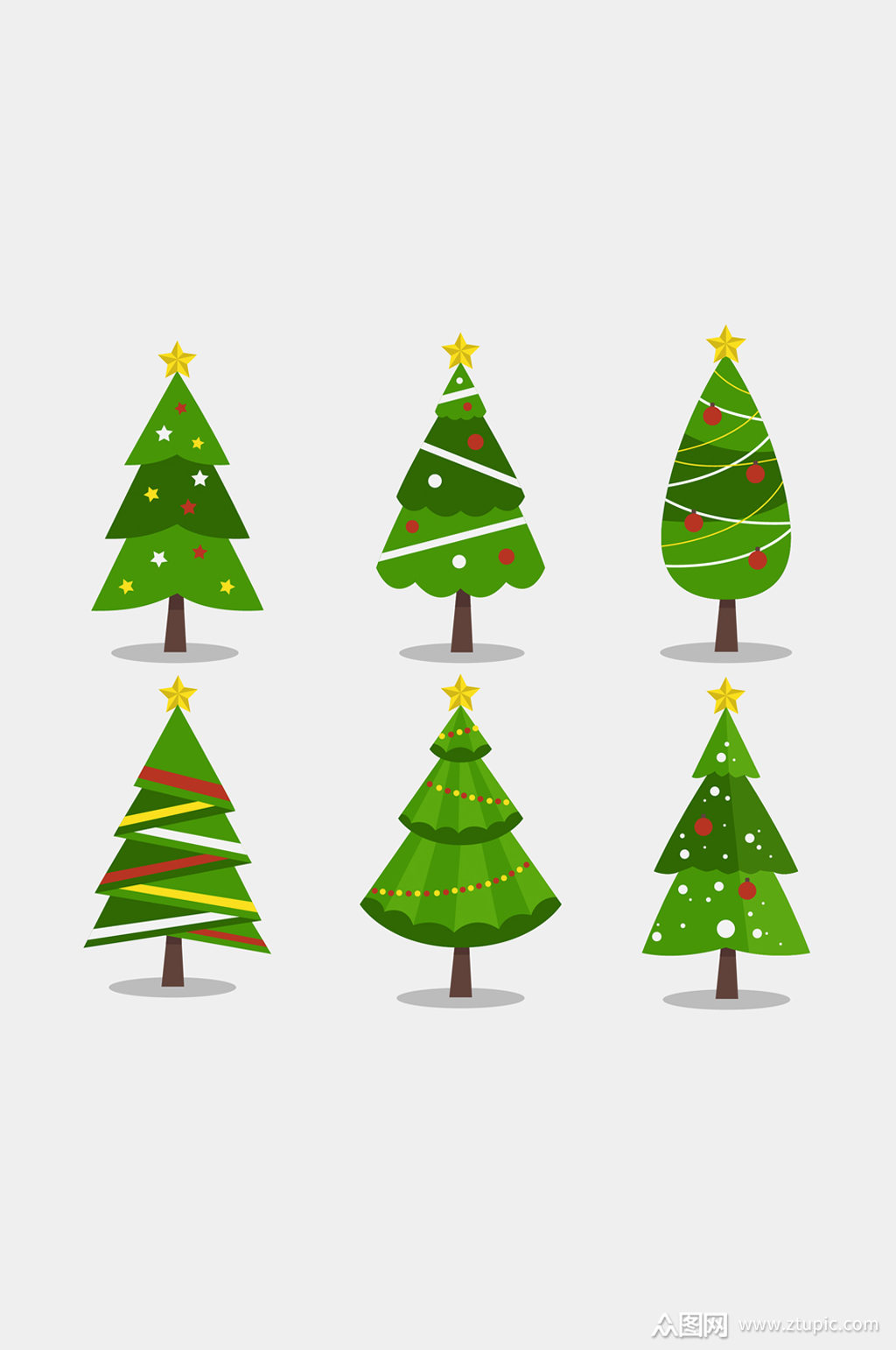 6款扁平化绿色圣诞树矢量素材