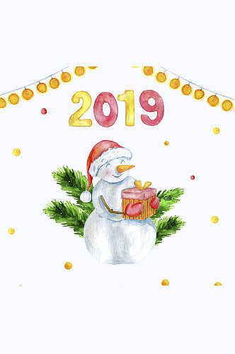 彩绘2019年怀抱礼物的雪人矢量图