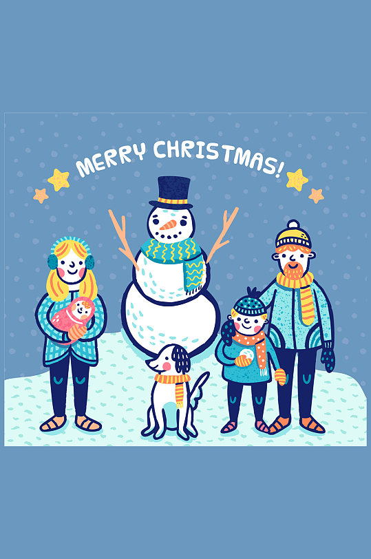 彩绘圣诞节四口之家和雪人矢量图
