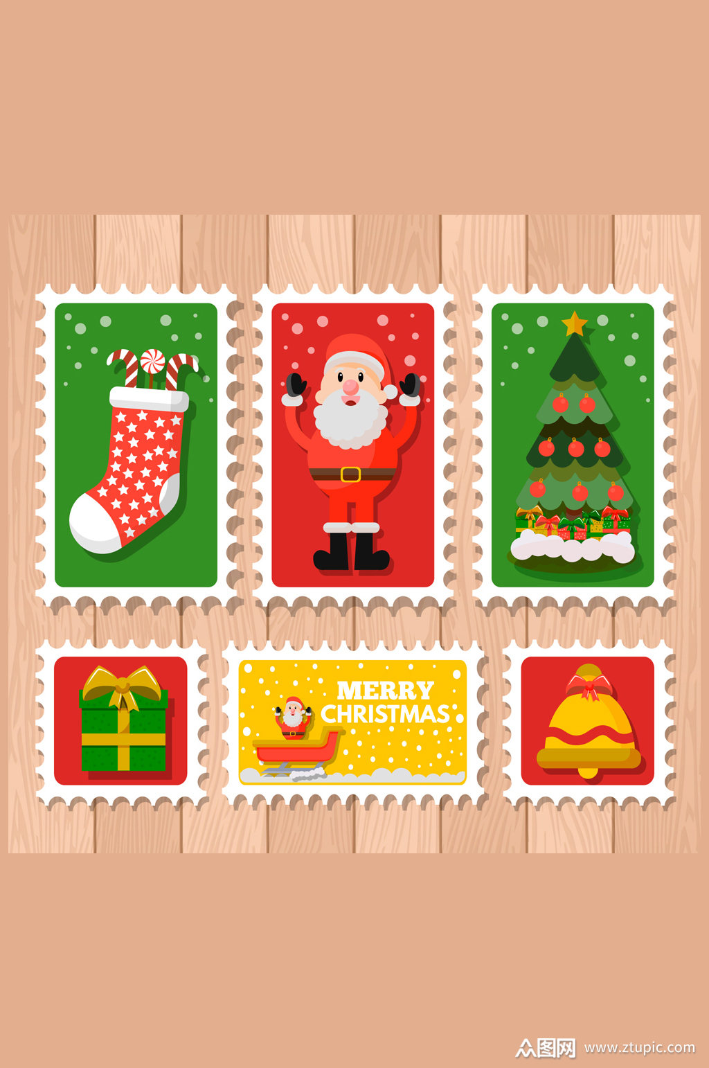 6款彩色圣诞邮票设计矢量素材