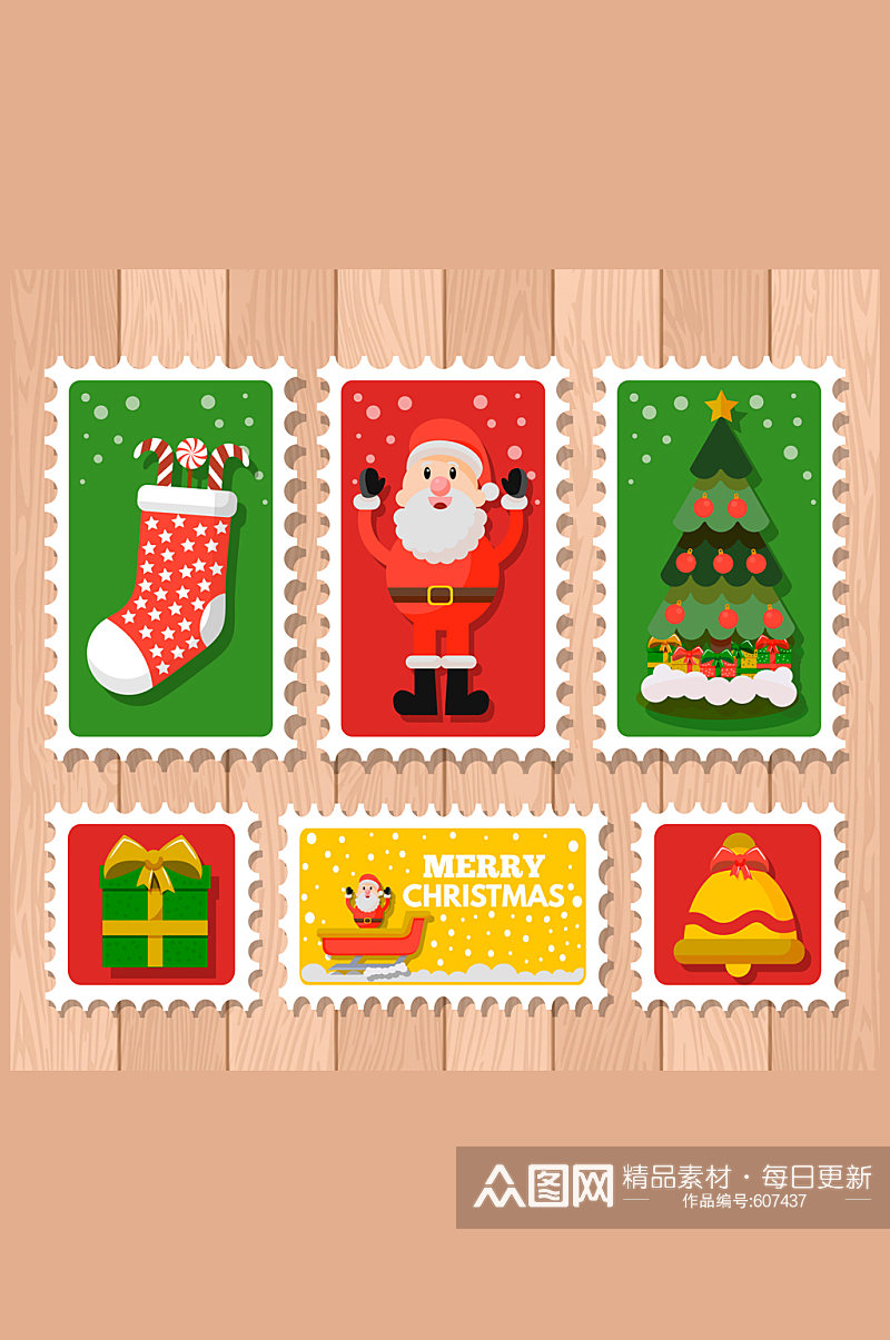 6款彩色圣诞邮票设计矢量素材素材