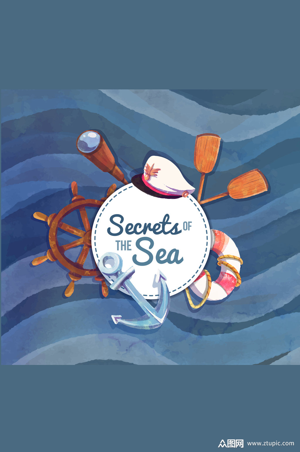复古航海元素海底秘密海报矢量图