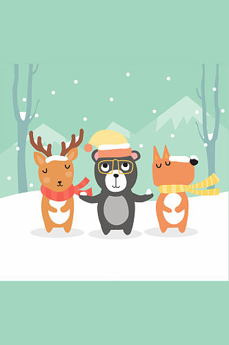 3只可爱雪地里的森林动物矢量图
