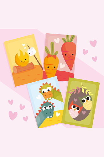 4款可爱卡通动植物情侣卡片矢量素材