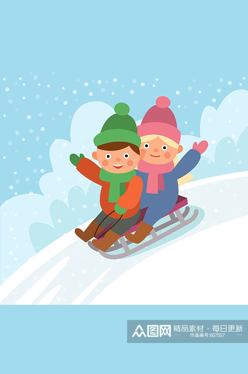 卡通玩雪橇的2个孩子矢量素材素材
