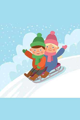 卡通玩雪橇的2个孩子矢量素材