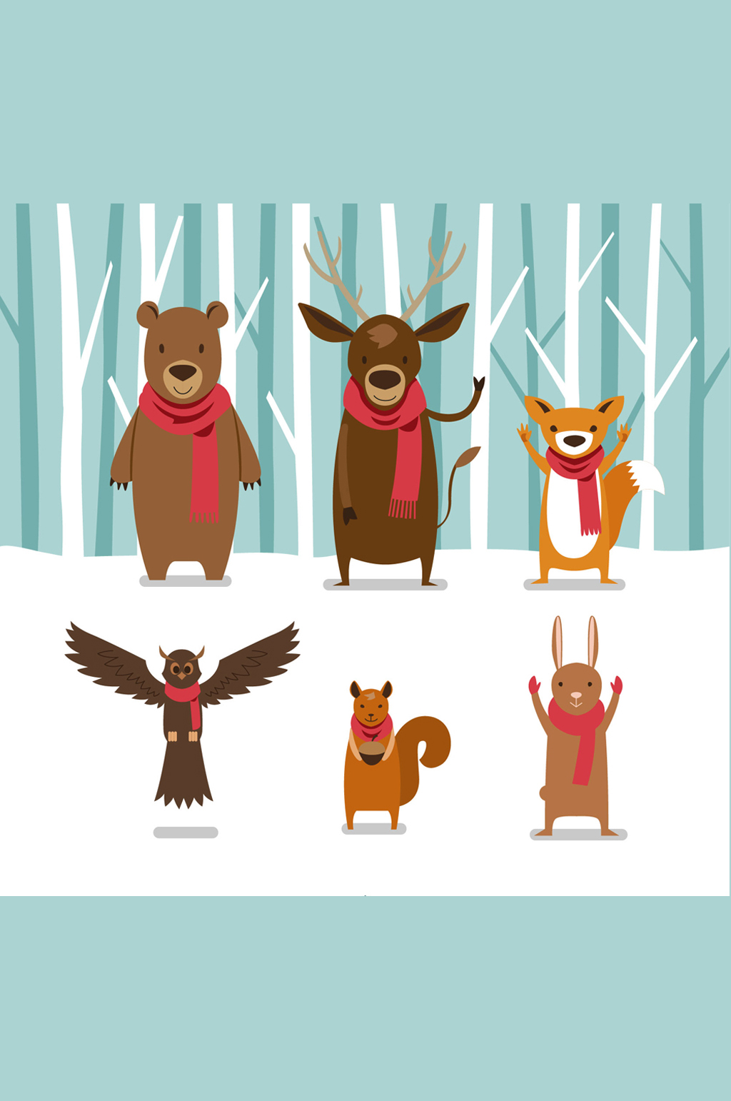 6只可爱雪地中的动物矢量素材素材