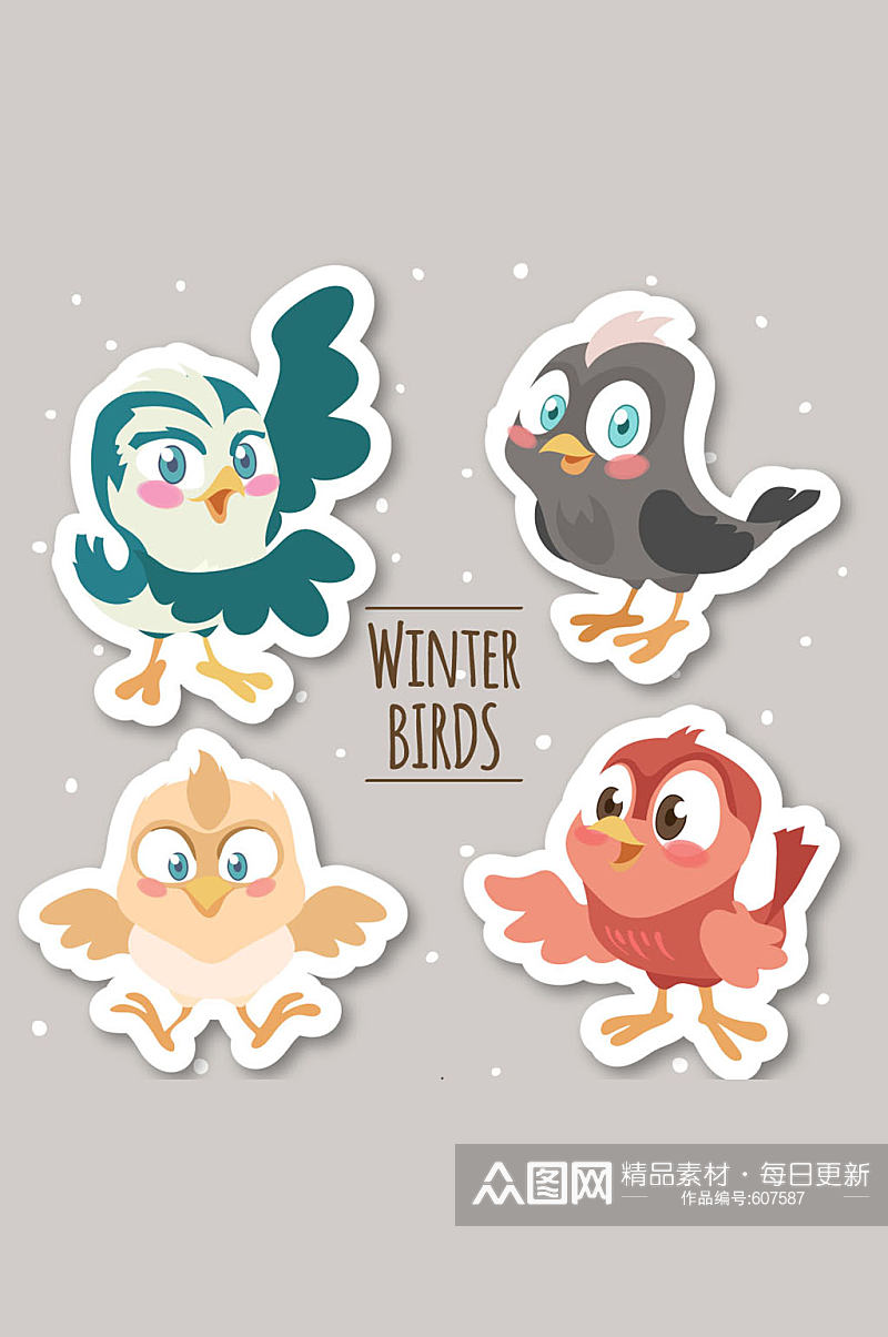 4款卡通冬季小鸟贴纸矢量图素材