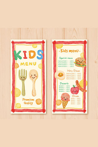 可爱餐具和食物儿童菜单矢量图