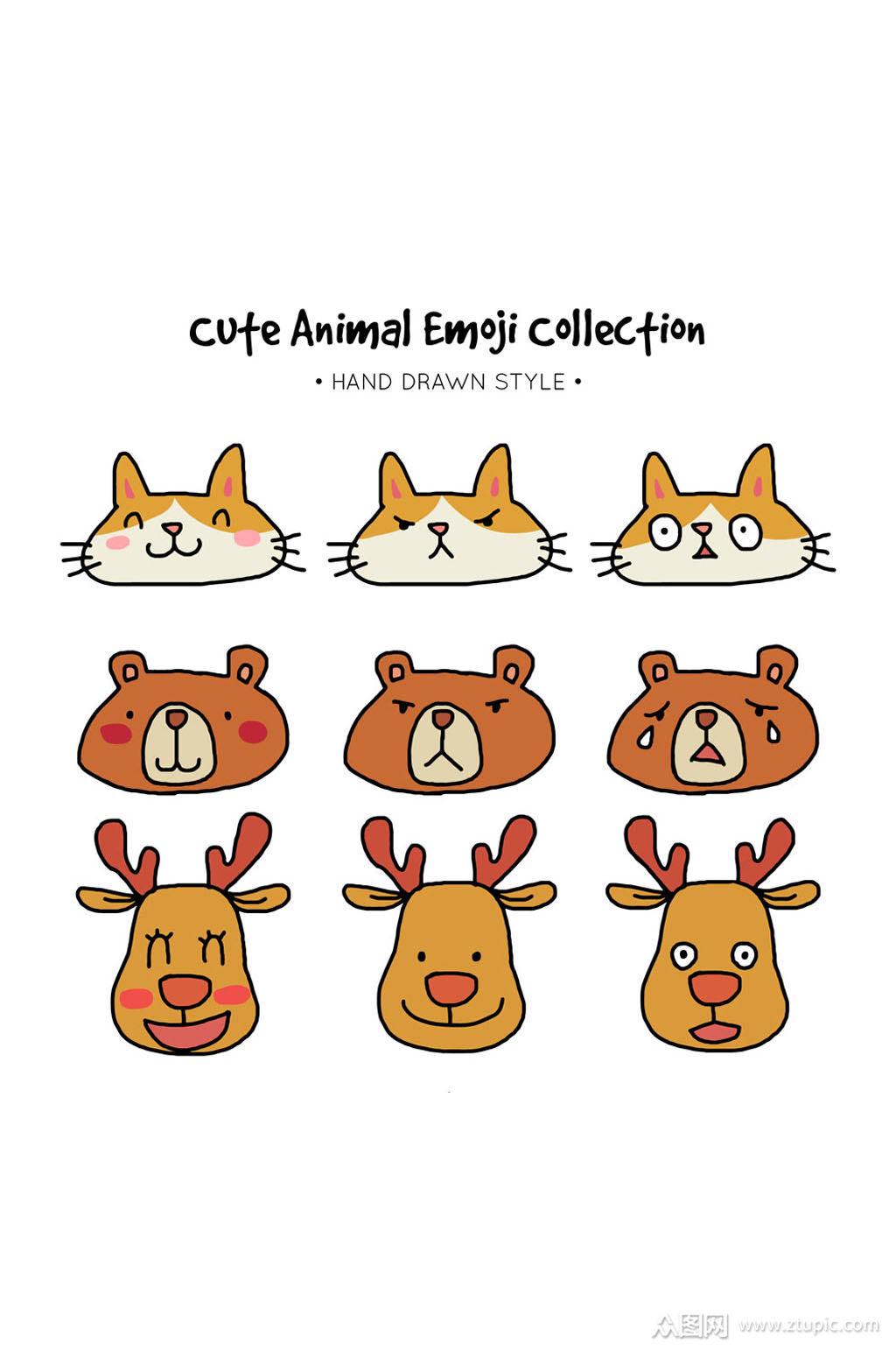 9款可爱彩绘动物表情矢量素材
