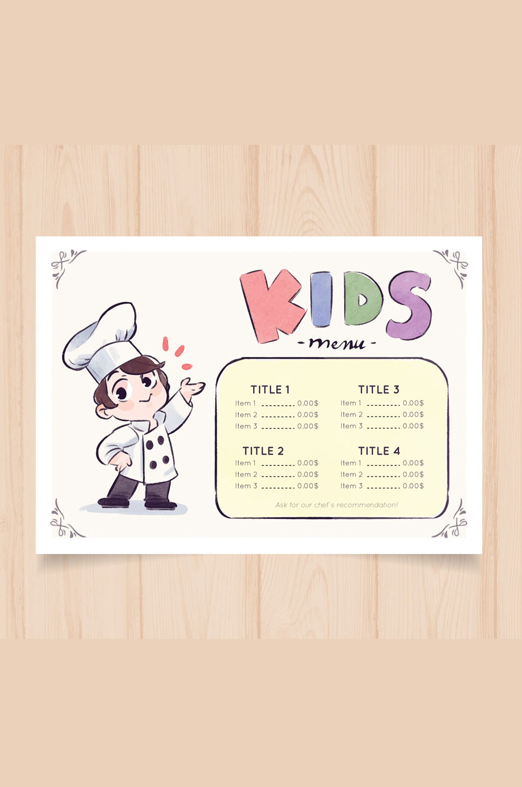 可爱手绘厨师儿童菜单矢量图