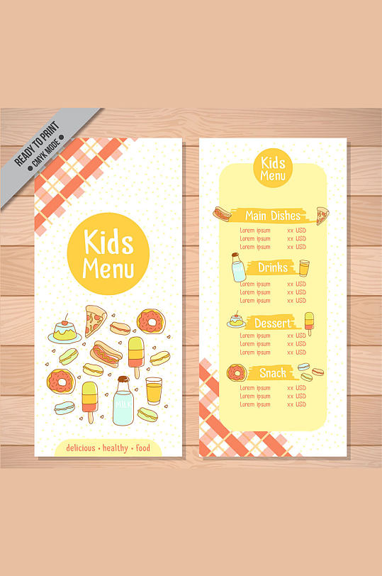 彩绘美味食物儿童菜单矢量图