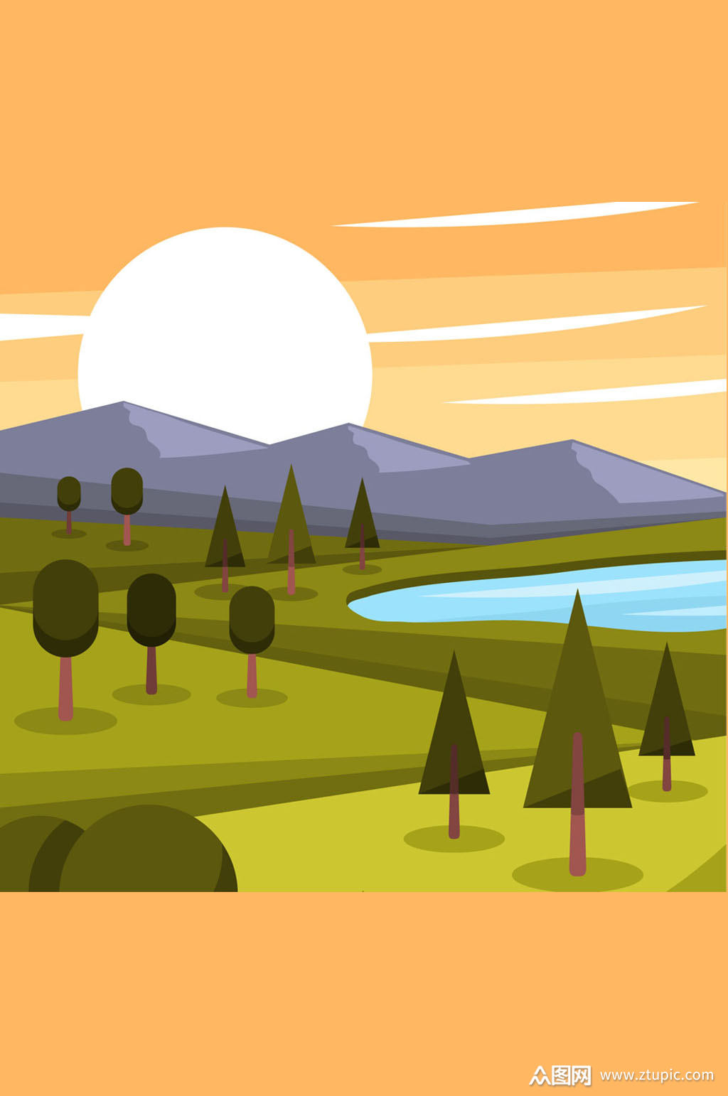 美丽夕阳山脉湖泊风景矢量素材