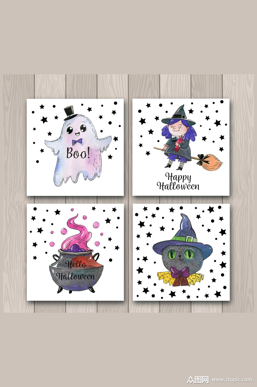 4款彩绘万圣节卡片矢量素材