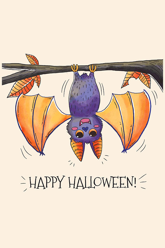 彩绘倒挂在树干上的蝙蝠矢量素材