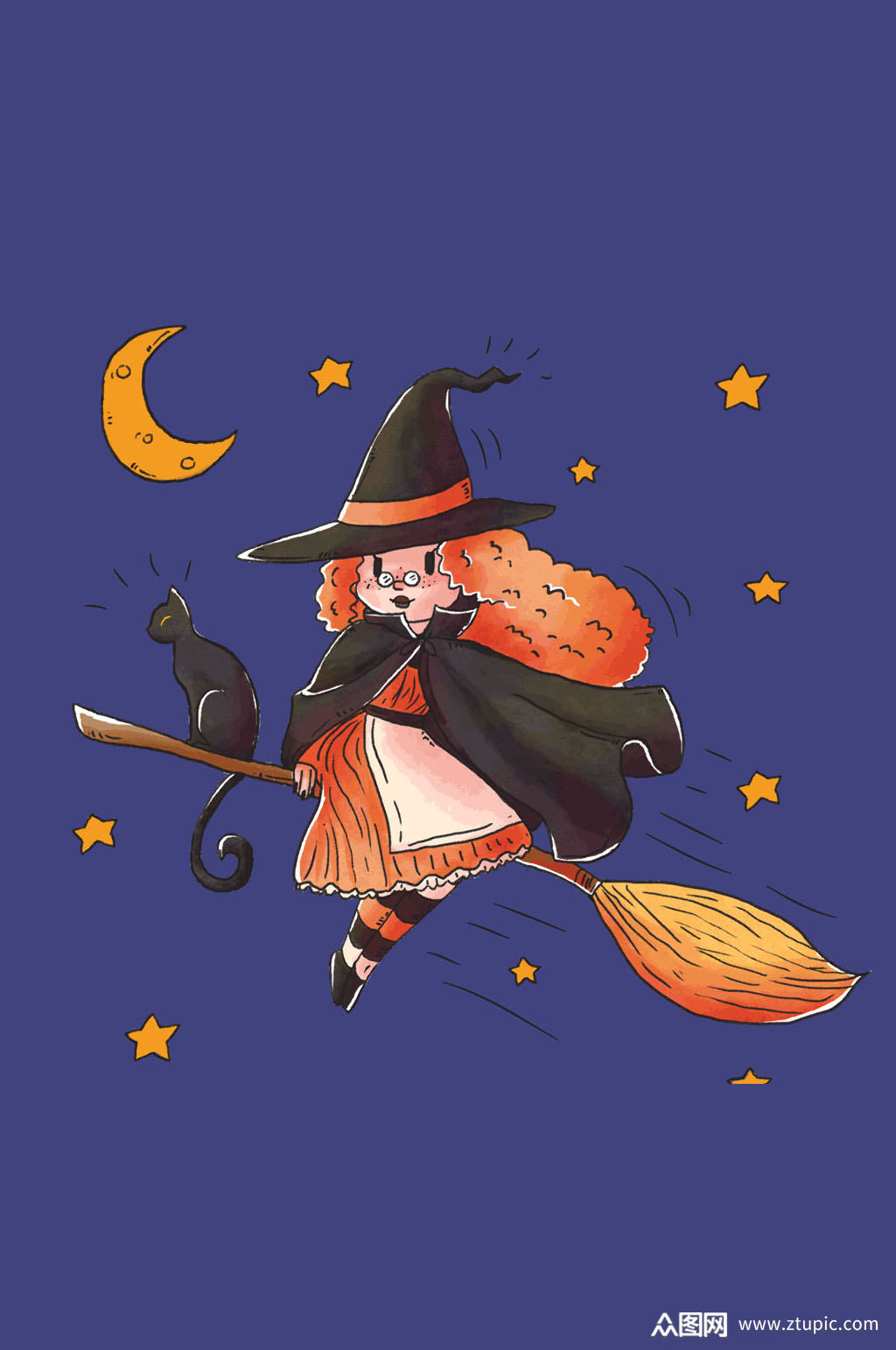 彩绘巫婆和黑猫矢量素材