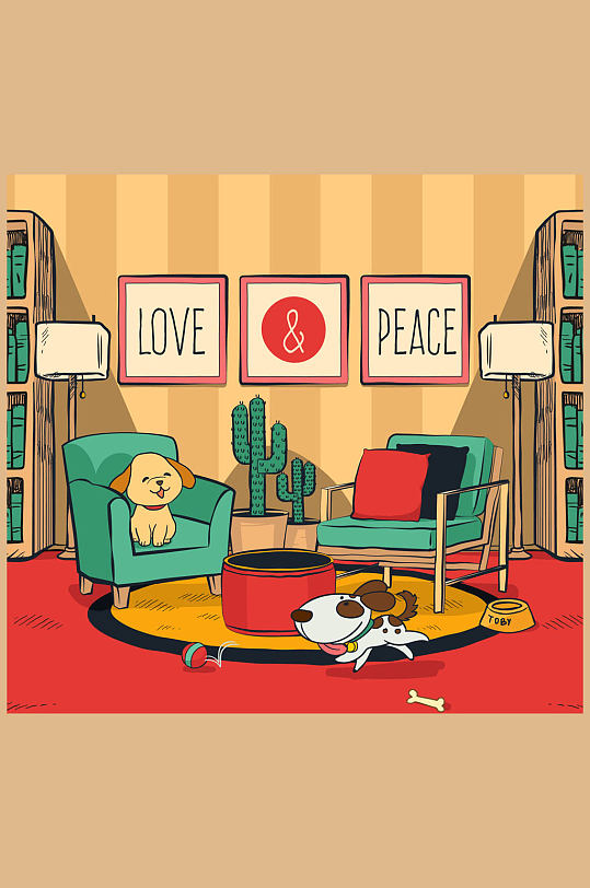 创意客厅里的2只宠物狗矢量素材