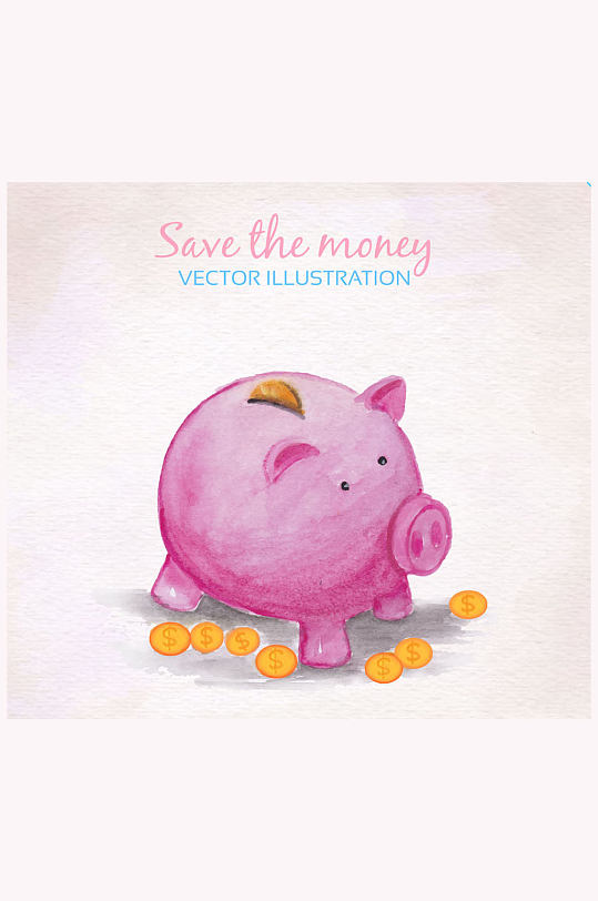 彩绘粉色猪存钱罐和金币矢量素材