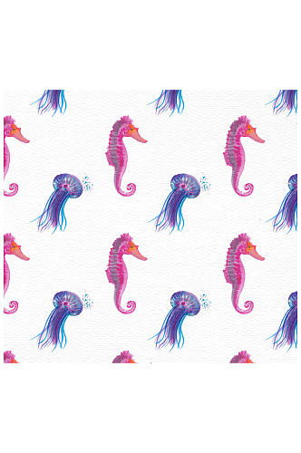 彩绘海马和水母无缝背景矢量图