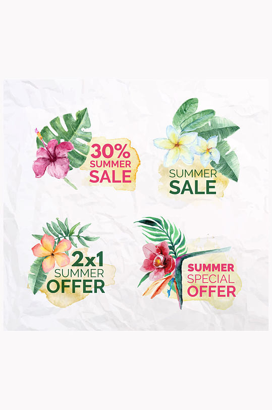 4款水彩绘热带花卉夏季促销标签矢量图