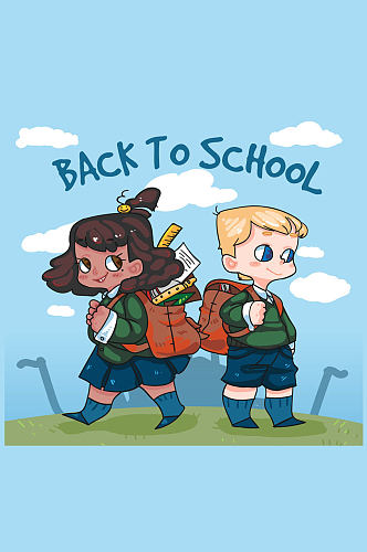 卡通返校背包男孩和女孩矢量素材
