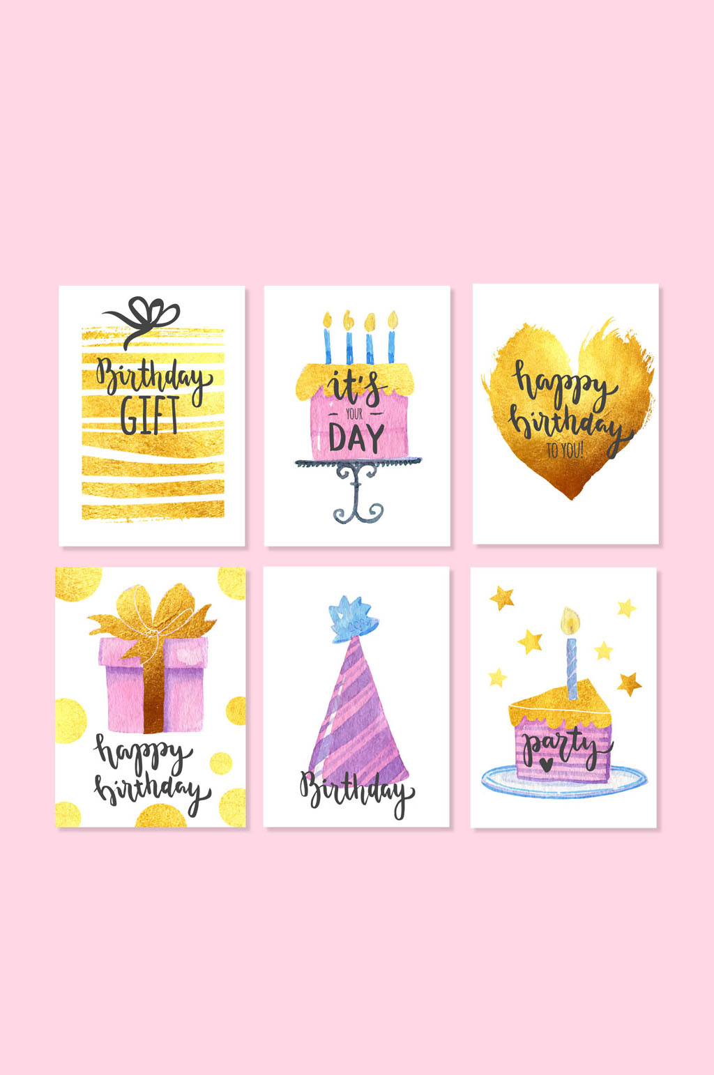 6款彩绘金色生日卡片矢量素材