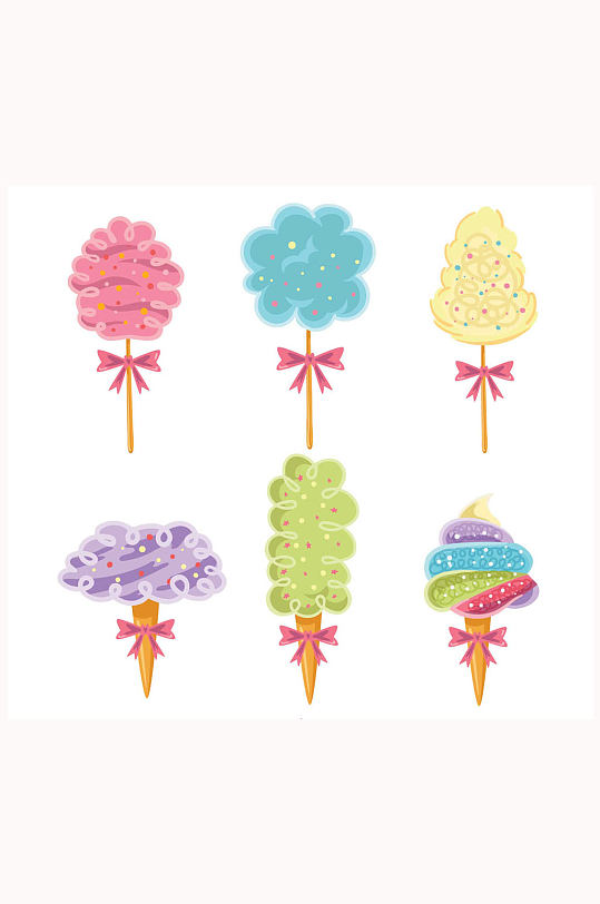 6款彩绘扎蝴蝶结的棉花糖矢量图