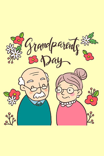 可爱祖父母节老人和花卉矢量图