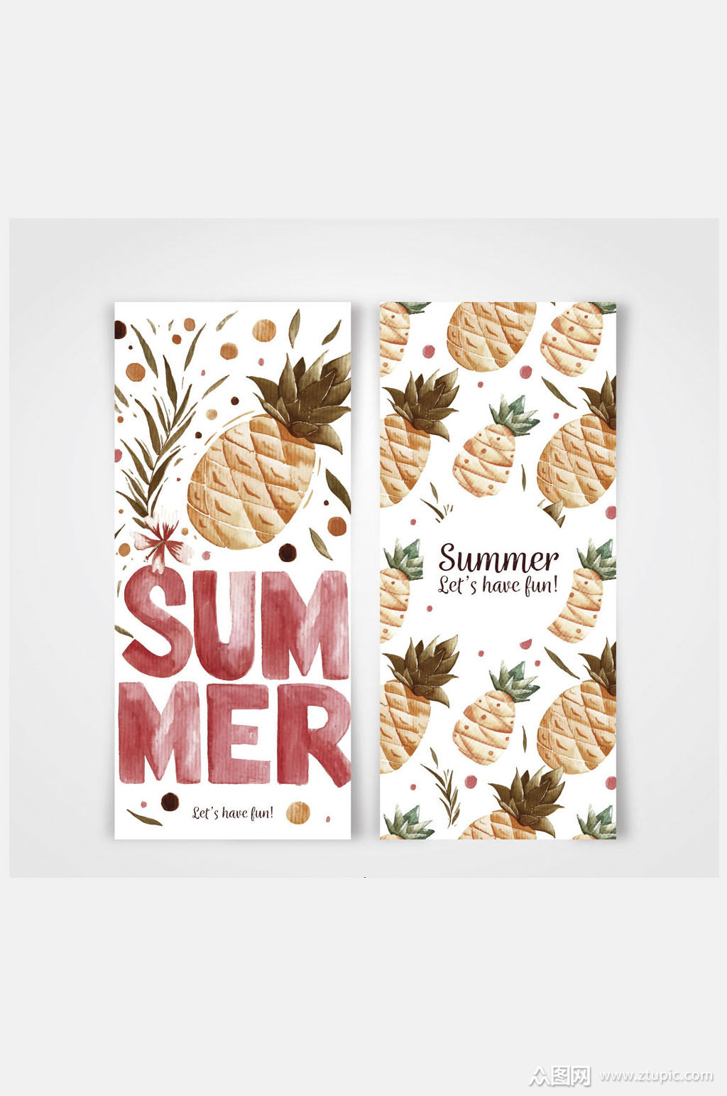 2款水彩绘夏季菠萝卡片矢量图