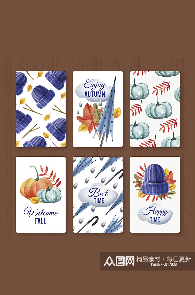 6款水彩绘蓝色系秋季卡片矢量图素材