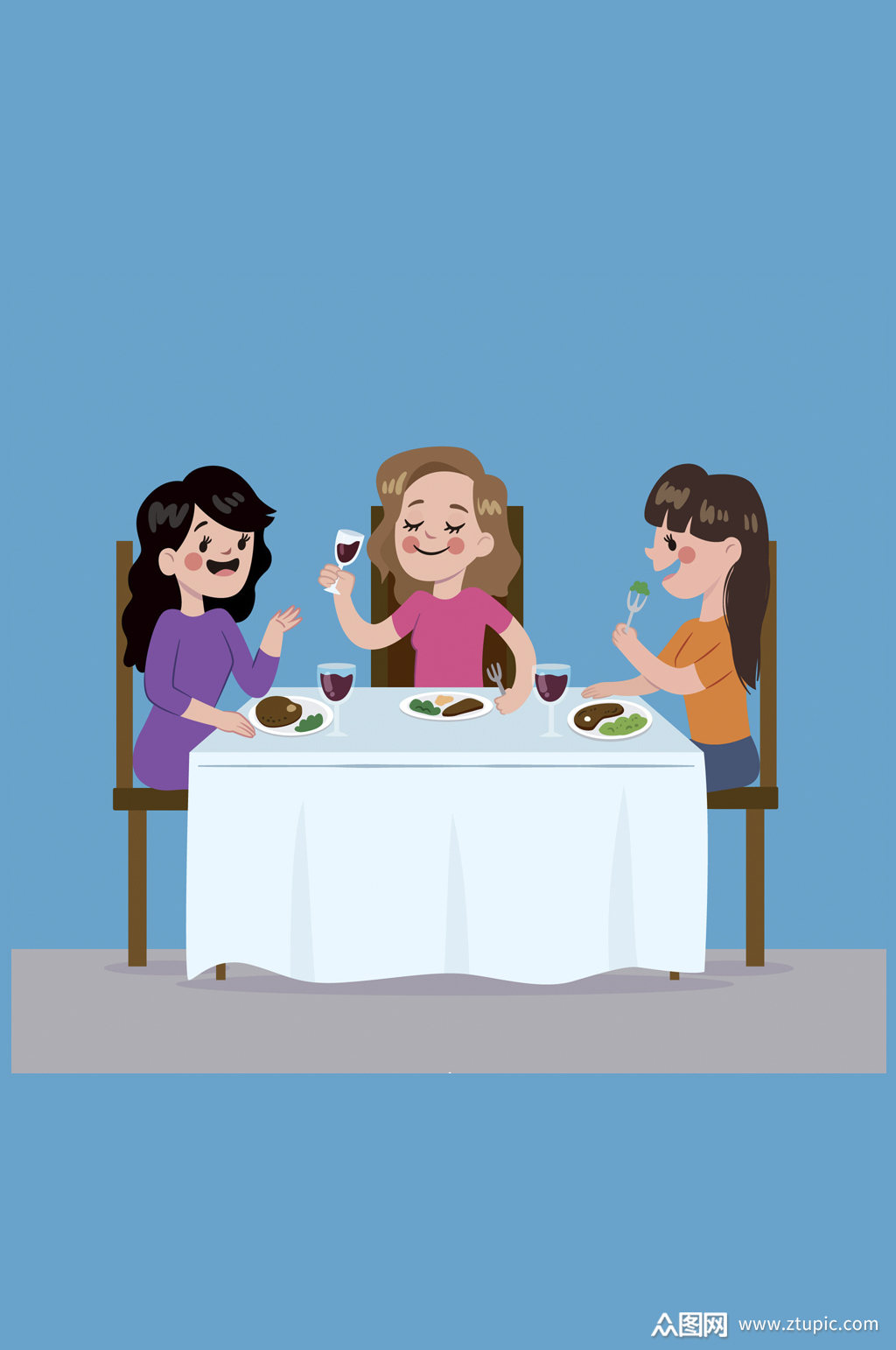 卡通聚餐的3个女子矢量素材