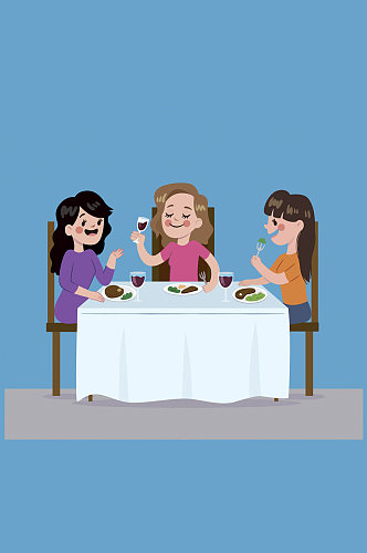 卡通聚餐的3个女子矢量素材